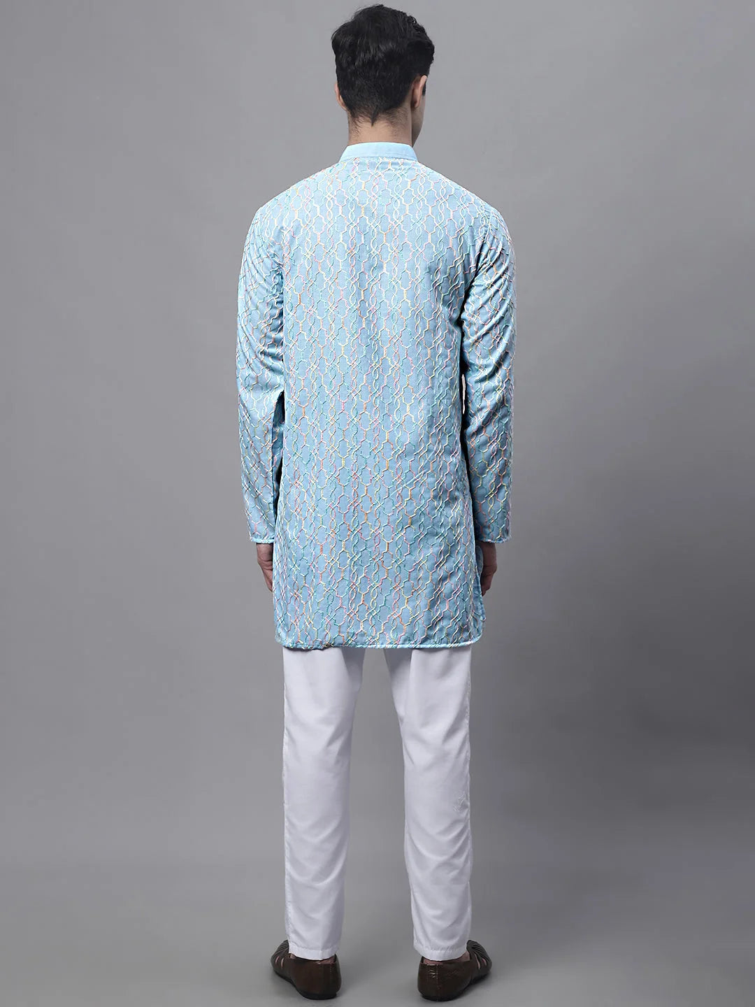 Sky Blue Embroidered Mens Kurta Pajama Set | Cotton Blend