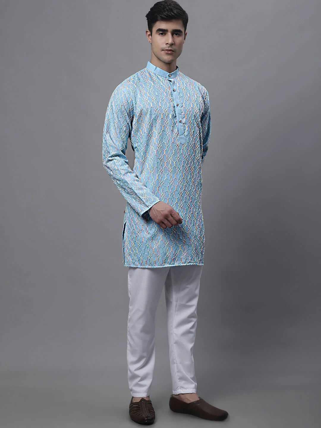 Sky Blue Embroidered Mens Kurta Pajama Set | Cotton Blend