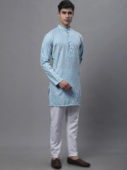 Men's Sky Blue and Multi Coloured Embroidered Straight Kurta Pyjama Set