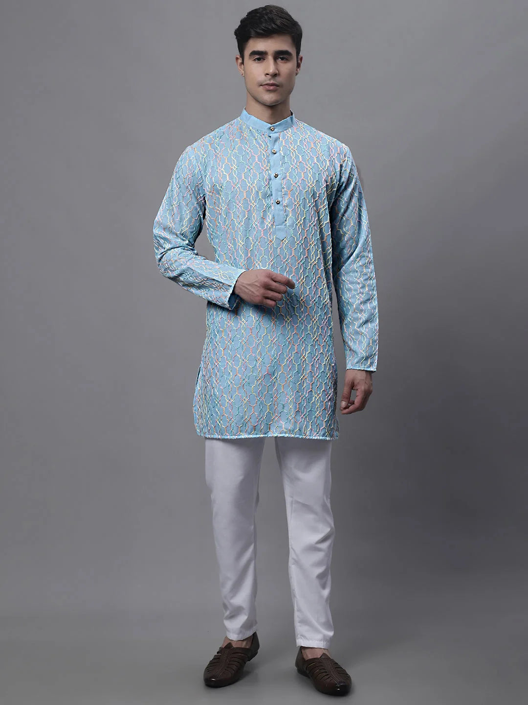 Sky Blue Embroidered Mens Kurta Pajama Set | Cotton Blend