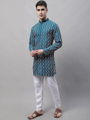 Men's Teal Blue and Multi Coloured Embroidered Straight Kurta Pyjama Set-JOKP-689