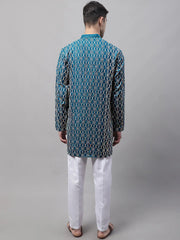 Men's Teal Blue and Multi Coloured Embroidered Straight Kurta Pyjama Set-JOKP-689