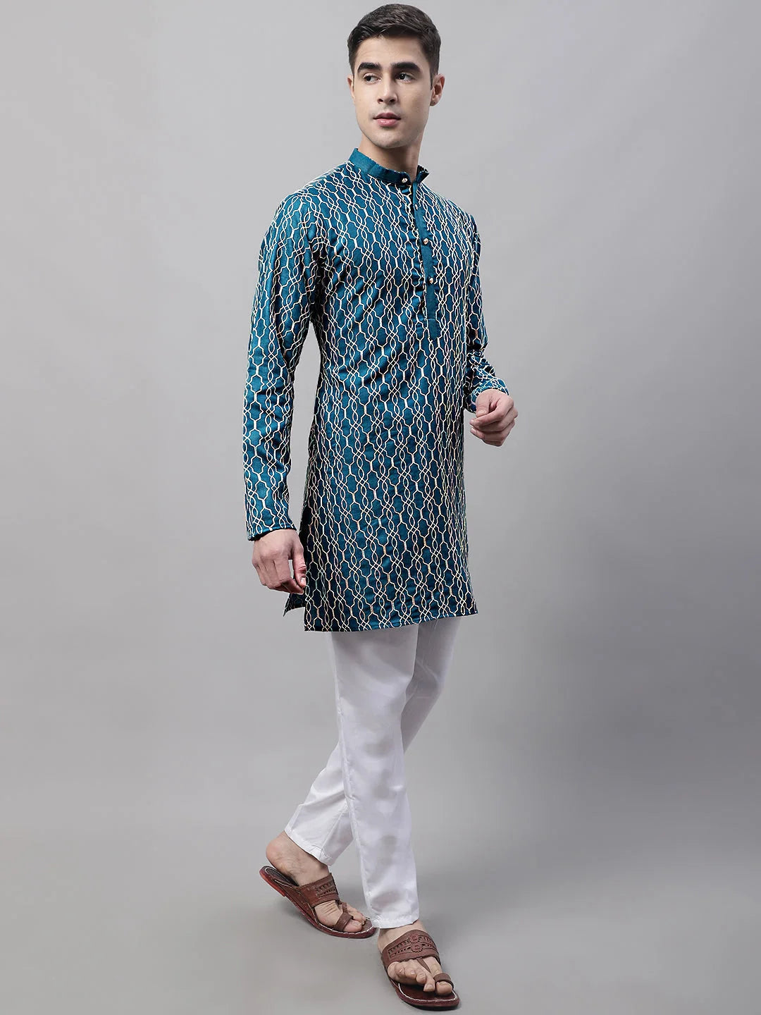 Teal Blue Mens Kurta Pajama Set - Embroidered Cotton Kurta