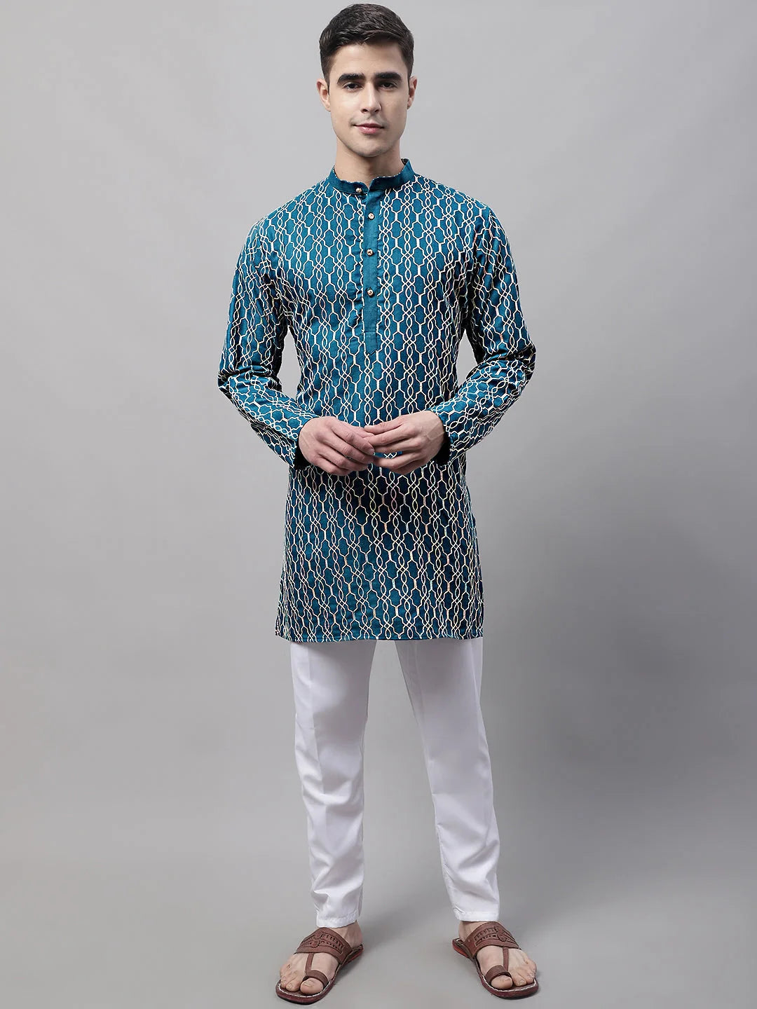 Teal Blue Mens Kurta Pajama Set - Embroidered Cotton Kurta