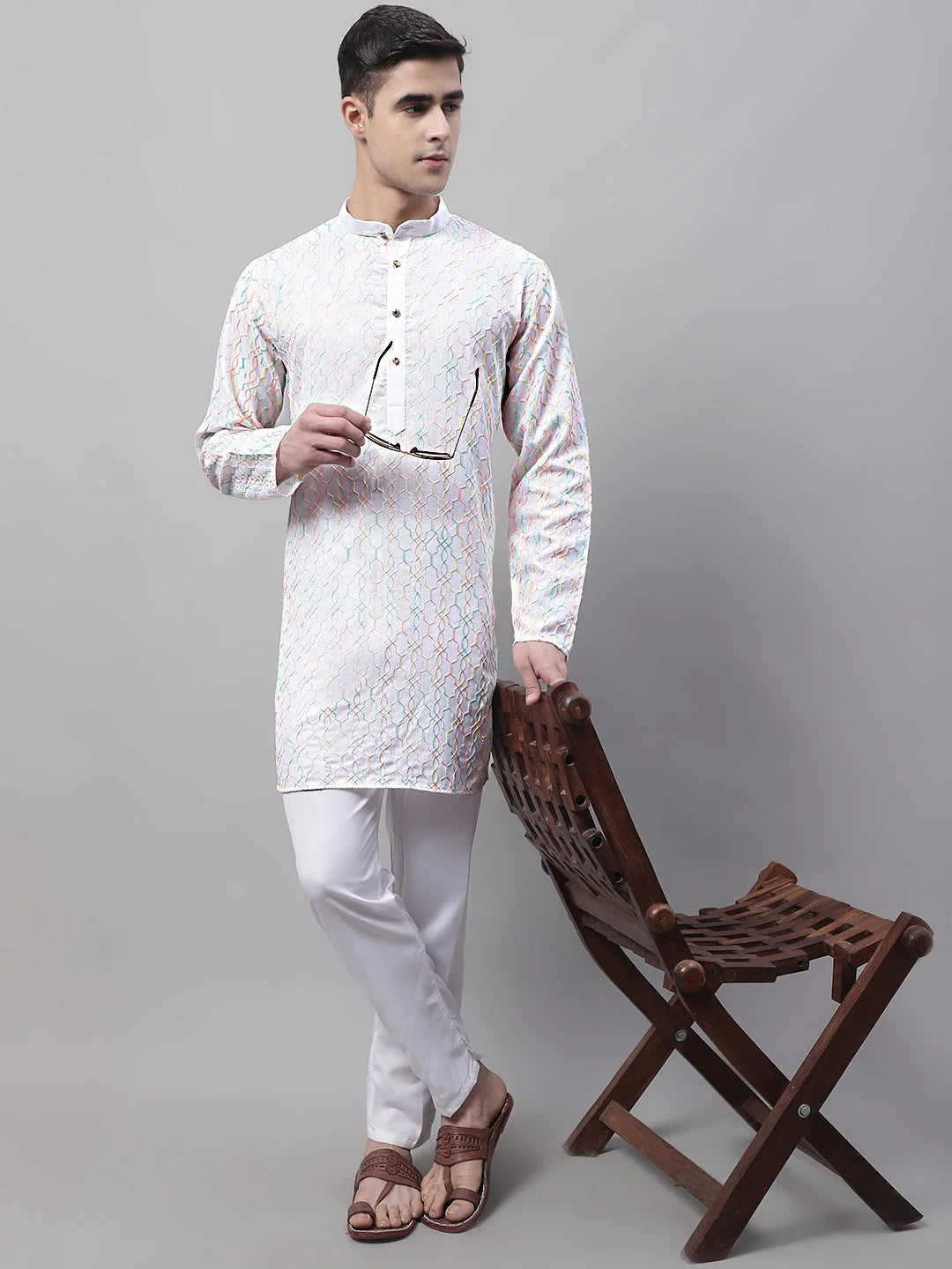 Men's White and Multi Coloured Embroidered Straight Kurta Pyjama Set-JOKP-689
