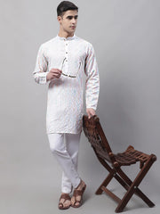 Men's White and Multi Coloured Embroidered Straight Kurta Pyjama Set-JOKP-689