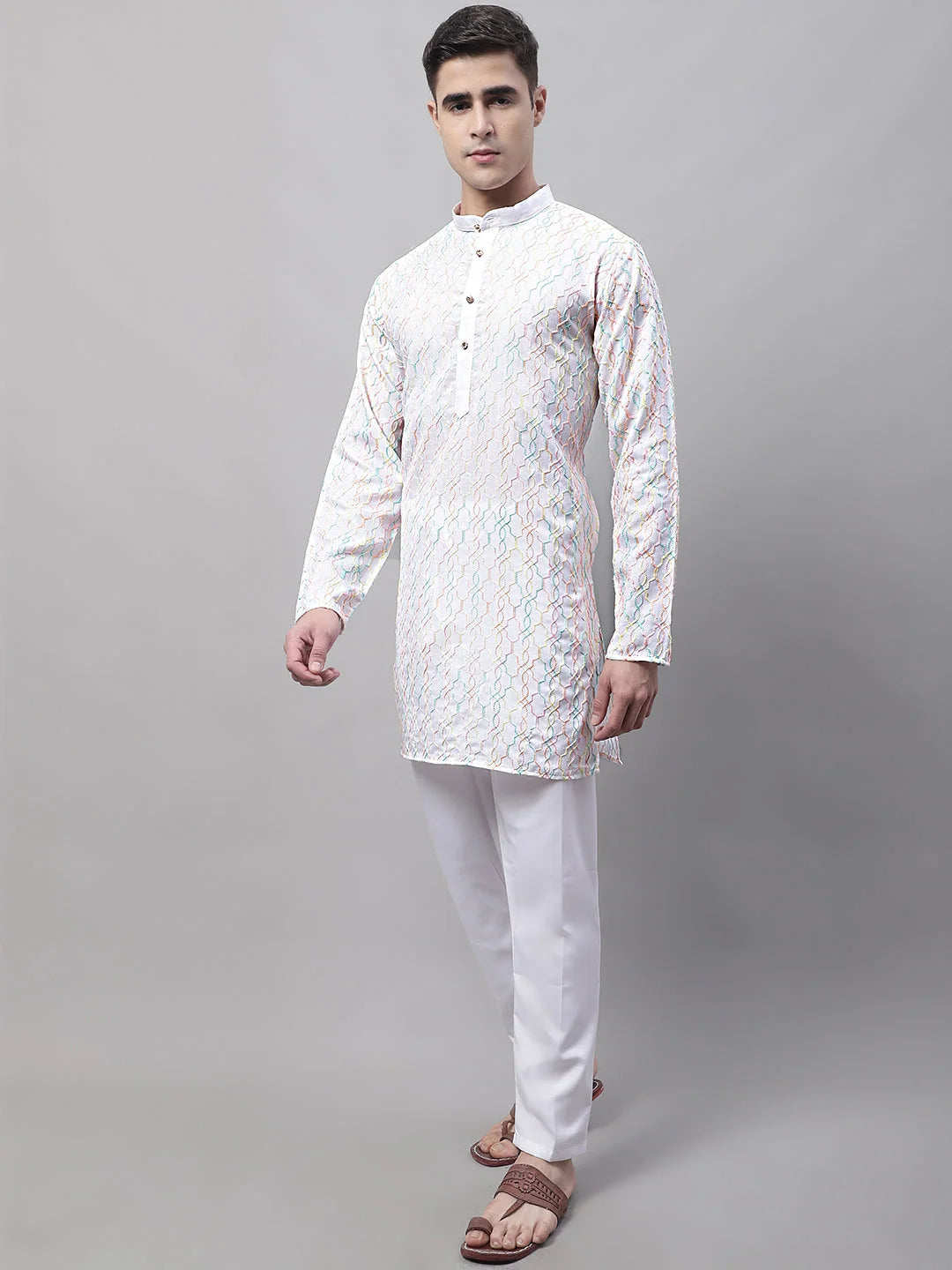 White Embroidered Mens Kurta Pajama Set - Stylish Kurta Pajama