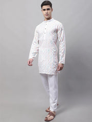 Men's White and Multi Coloured Embroidered Straight Kurta Pyjama Set-JOKP-689