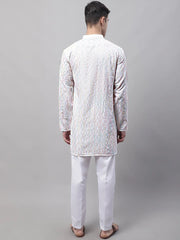 Men's White and Multi Coloured Embroidered Straight Kurta Pyjama Set-JOKP-689