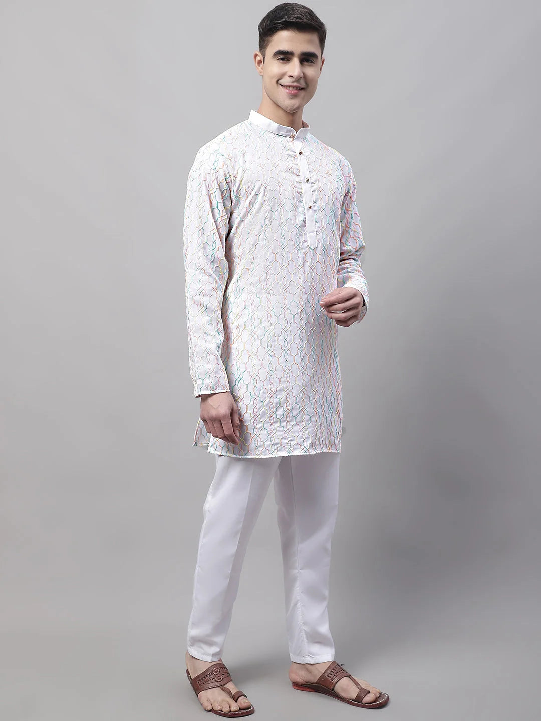 White Embroidered Mens Kurta Pajama Set - Stylish Kurta Pajama
