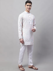 Men's White and Multi Coloured Embroidered Straight Kurta Pyjama Set-JOKP-689