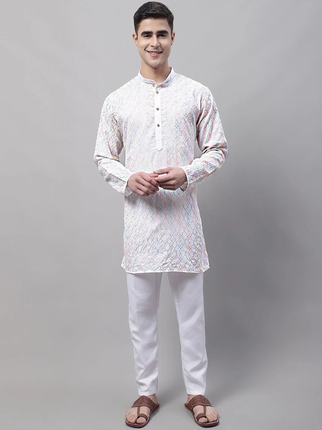 White Embroidered Mens Kurta Pajama Set - Stylish Kurta Pajama