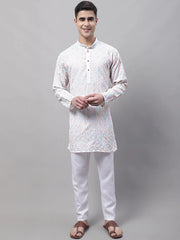 Men's White and Multi Coloured Embroidered Straight Kurta Pyjama Set-JOKP-689