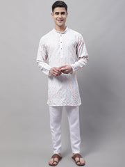 Men's White and Multi Coloured Embroidered Straight Kurta Pyjama Set-JOKP-689