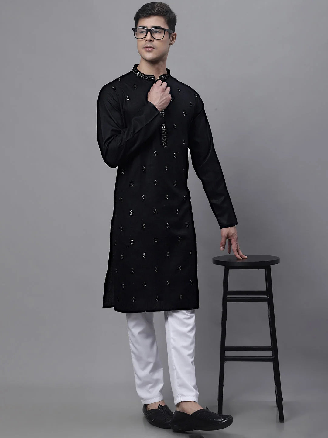 Black Embroidered Mens Kurta Pajama Set | Ethnic Cotton