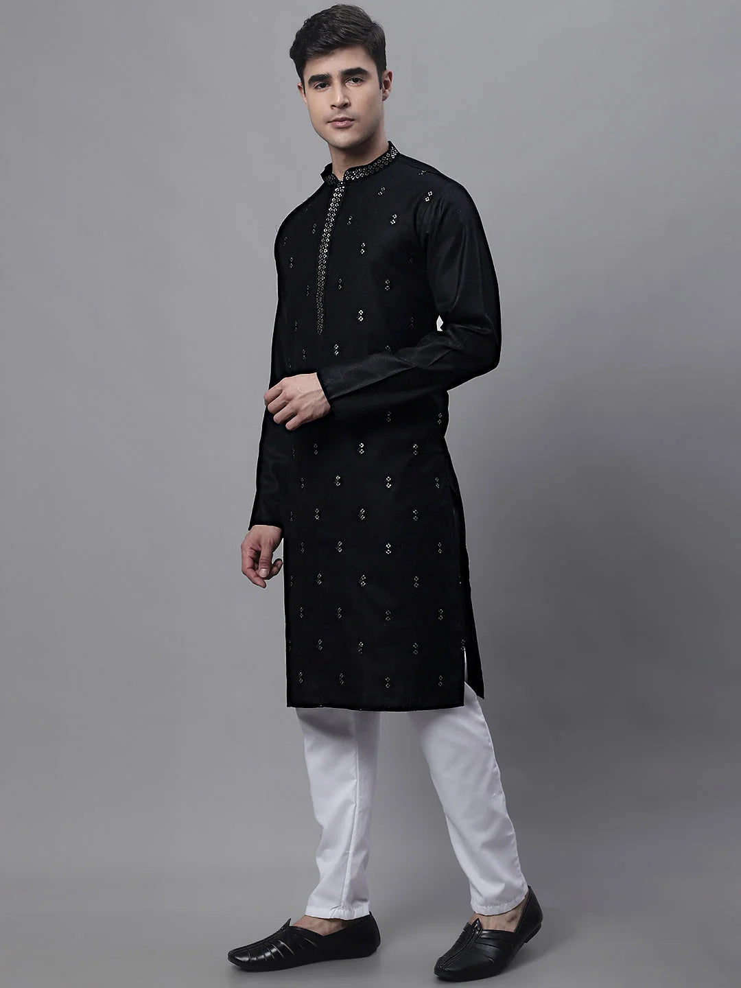 Black Embroidered Mens Kurta Pajama Set | Ethnic Cotton