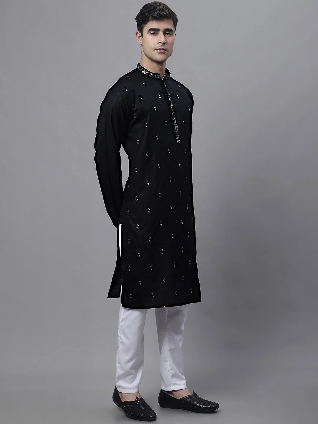 Black Embroidered Mens Kurta Pajama Set | Ethnic Cotton