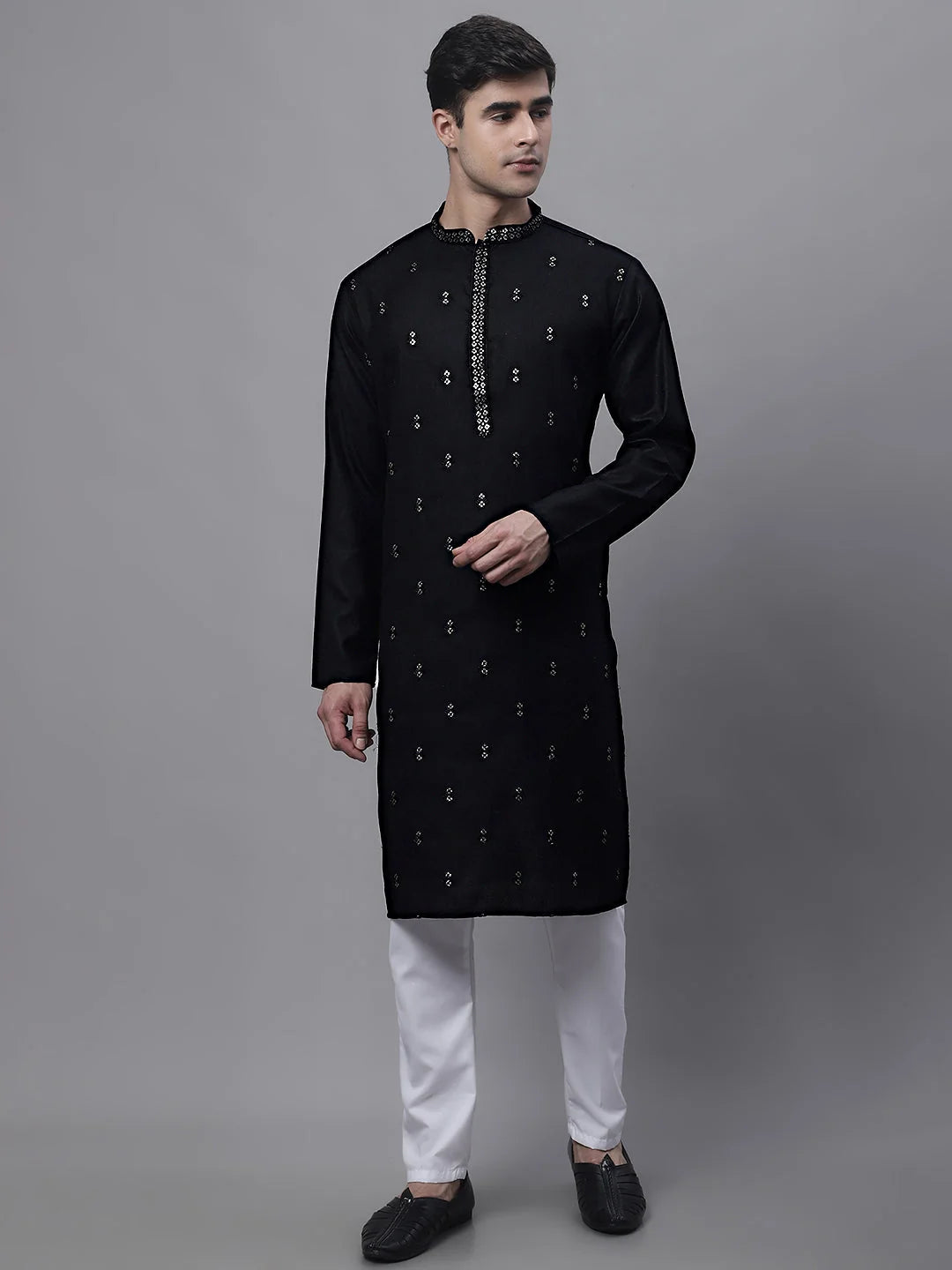 Black Embroidered Mens Kurta Pajama Set | Ethnic Cotton