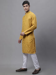 Men's Mustard Embroidered Straight Kurta Pyjama Set
