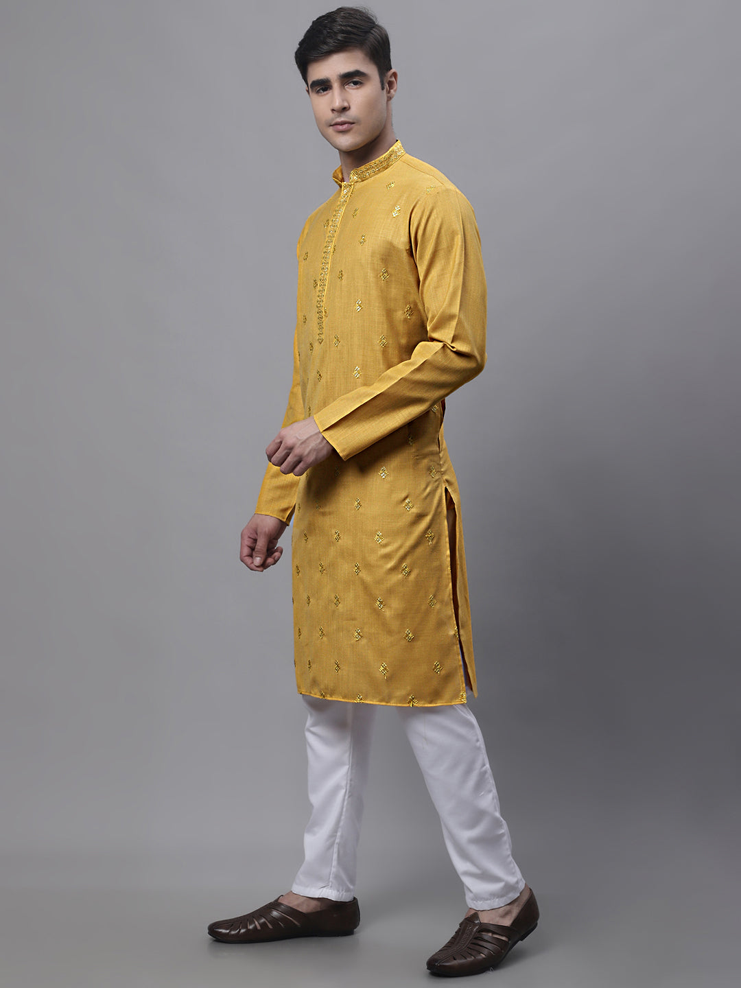 Mustard Embroidered Mens Kurta Pajama Set | Ethnic Cotton