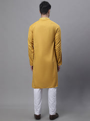 Men's Mustard Embroidered Straight Kurta Pyjama Set