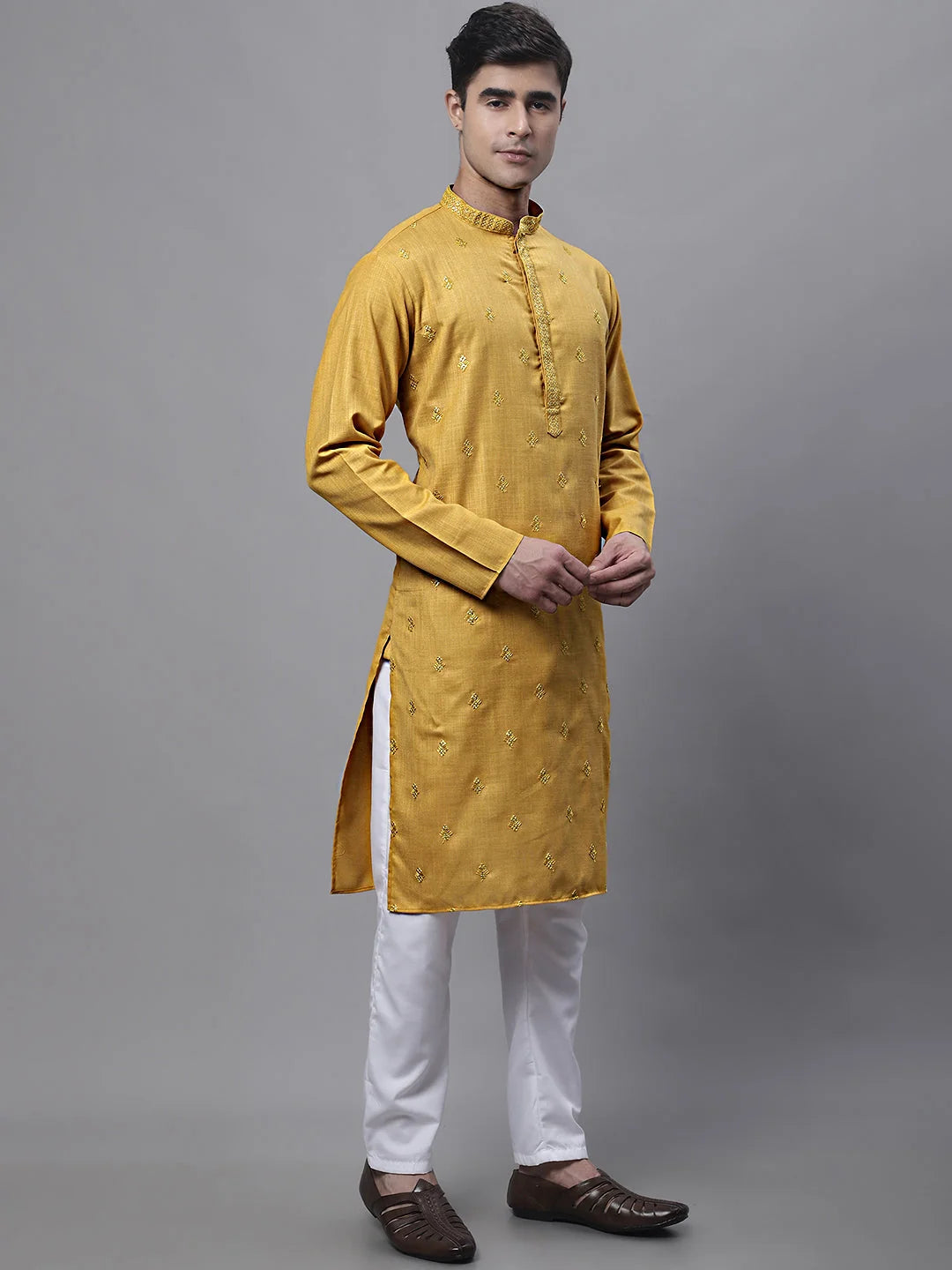 Mustard Embroidered Mens Kurta Pajama Set | Ethnic Cotton