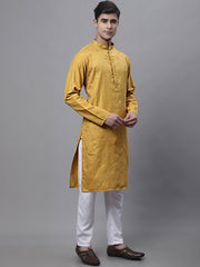 Men's Mustard Embroidered Straight Kurta Pyjama Set