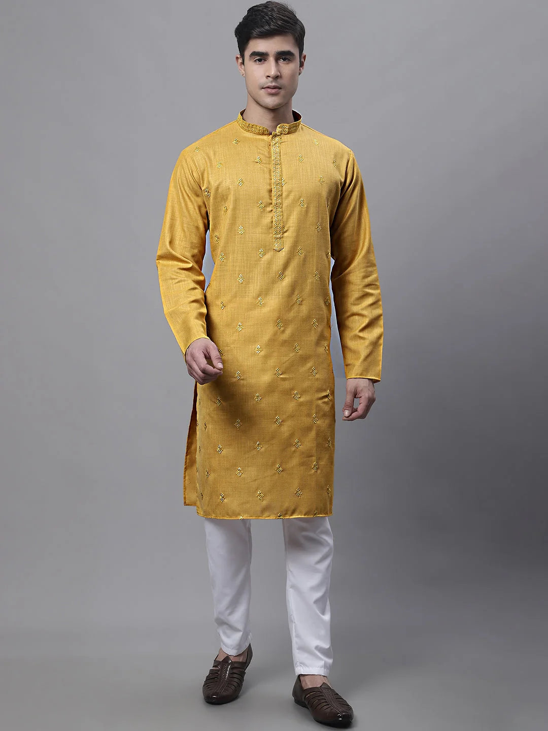 Mustard Embroidered Mens Kurta Pajama Set | Ethnic Cotton