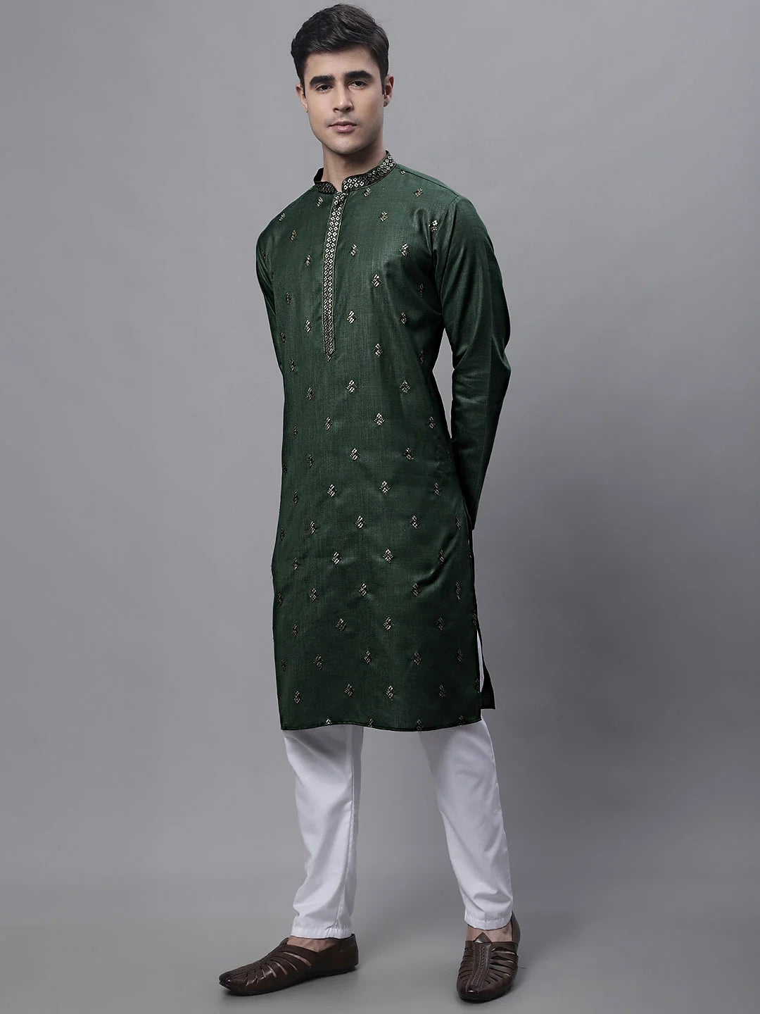 Olive Green Embroidered Mens Kurta Pajama Set - Cotton Pathani