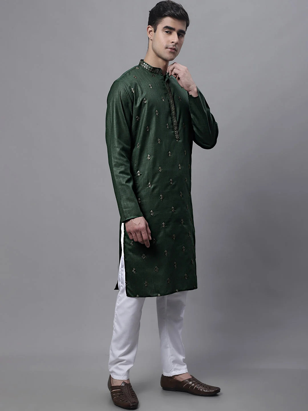 Olive Green Embroidered Mens Kurta Pajama Set - Cotton Pathani