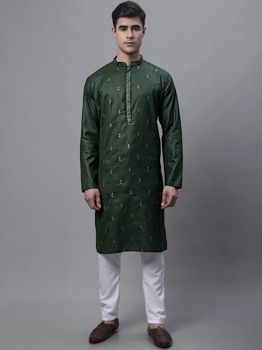 Olive Green Embroidered Mens Kurta Pajama Set - Cotton Pathani