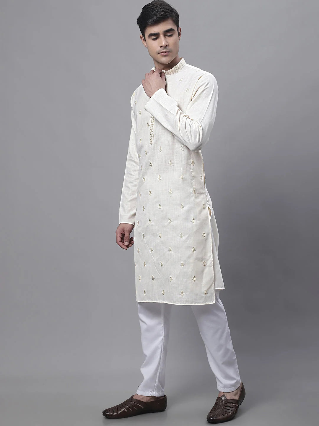 White Embroidered Mens Kurta Pajama Set - Cotton Ethnic Outfit