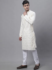 Men's White Embroidered Straight Kurta Pyjama Set