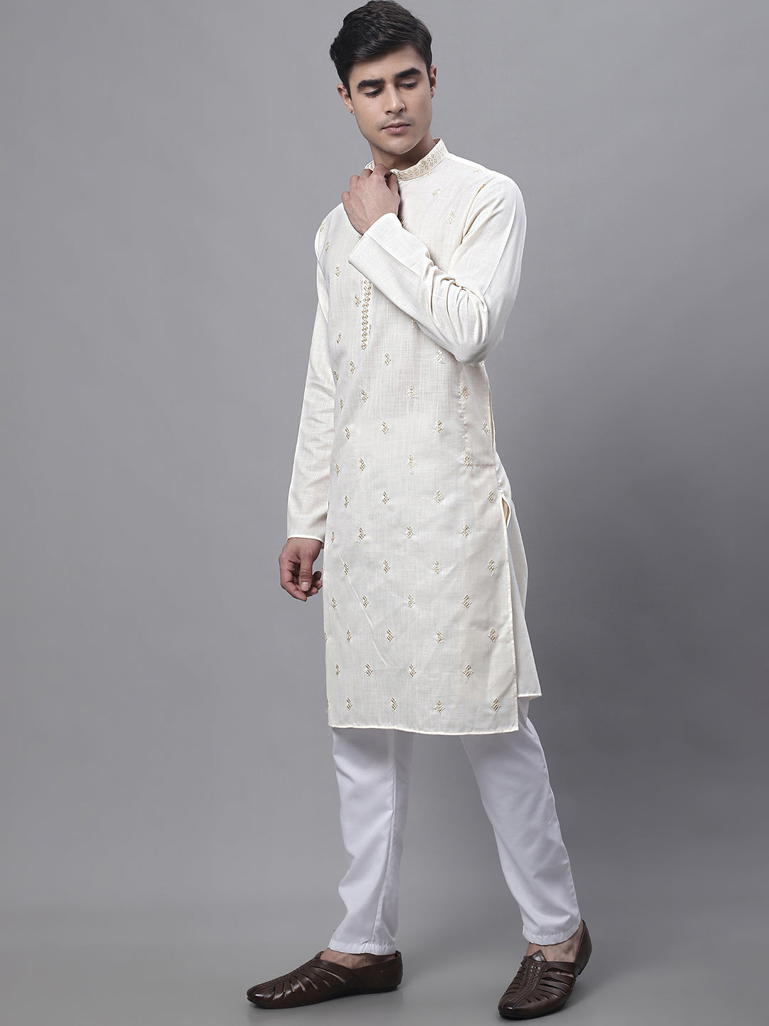 White Embroidered Mens Kurta Pajama Set - Cotton Ethnic Outfit