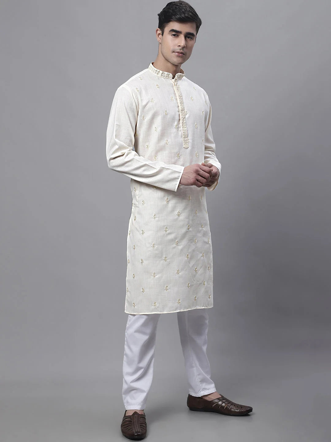 White Embroidered Mens Kurta Pajama Set - Cotton Ethnic Outfit