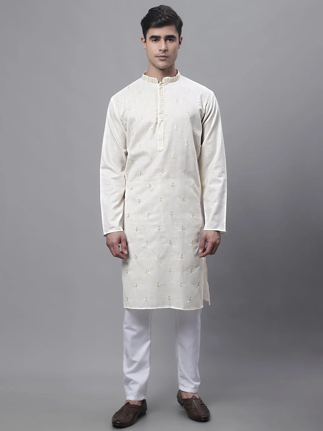 White Embroidered Mens Kurta Pajama Set - Cotton Ethnic Outfit
