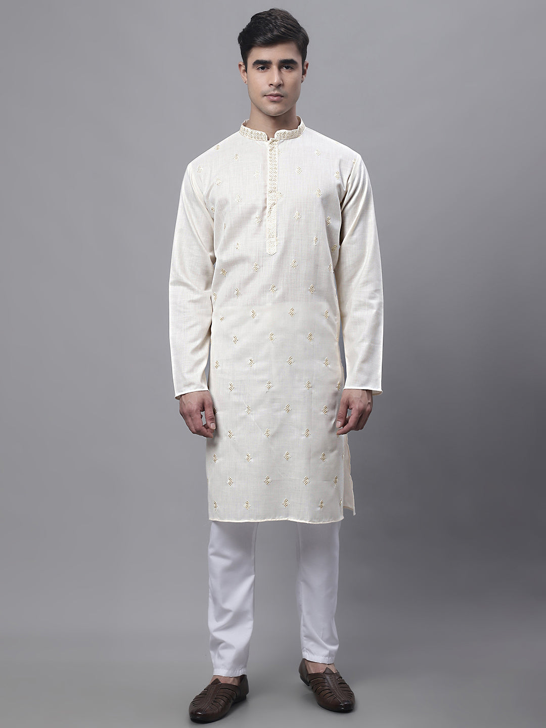 White Embroidered Mens Kurta Pajama Set - Cotton Ethnic Outfit