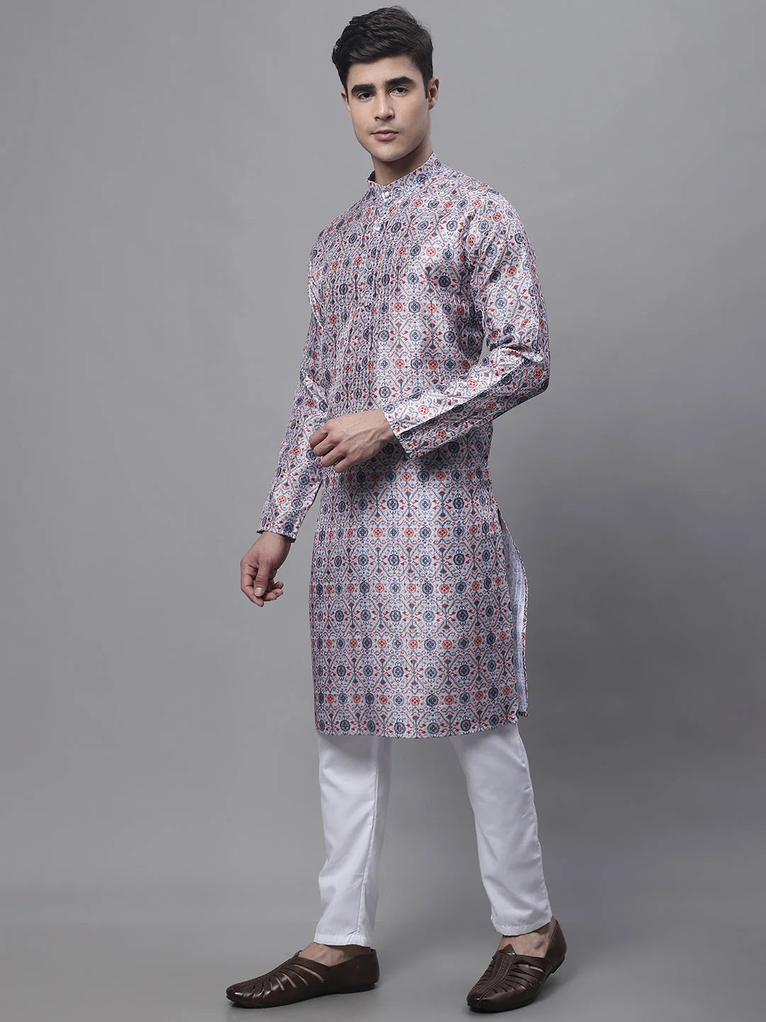 Blue Mens Kurta Pajama Set - Digital Print Cotton Ethnic Style