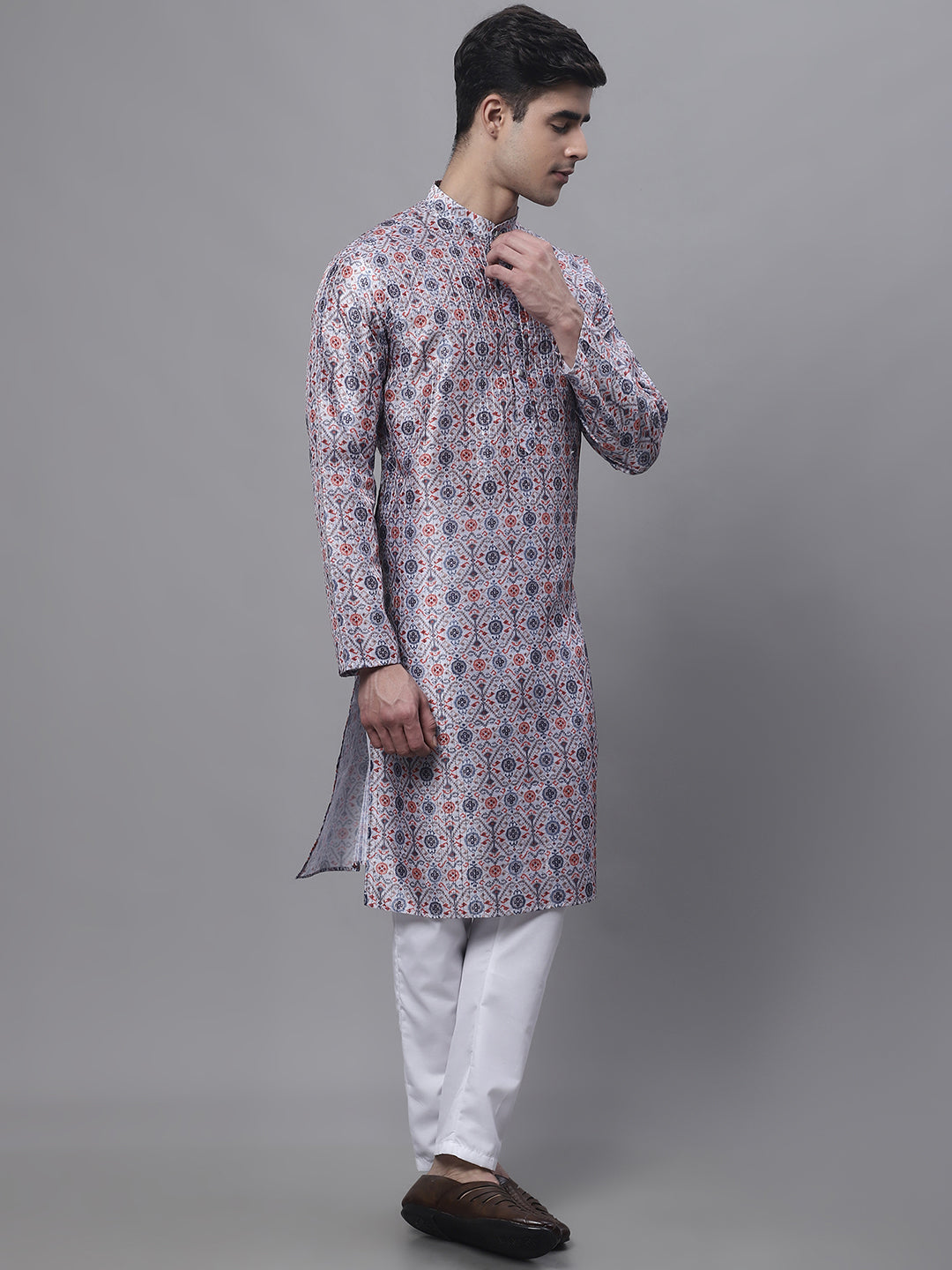 Blue Mens Kurta Pajama Set - Digital Print Cotton Ethnic Style