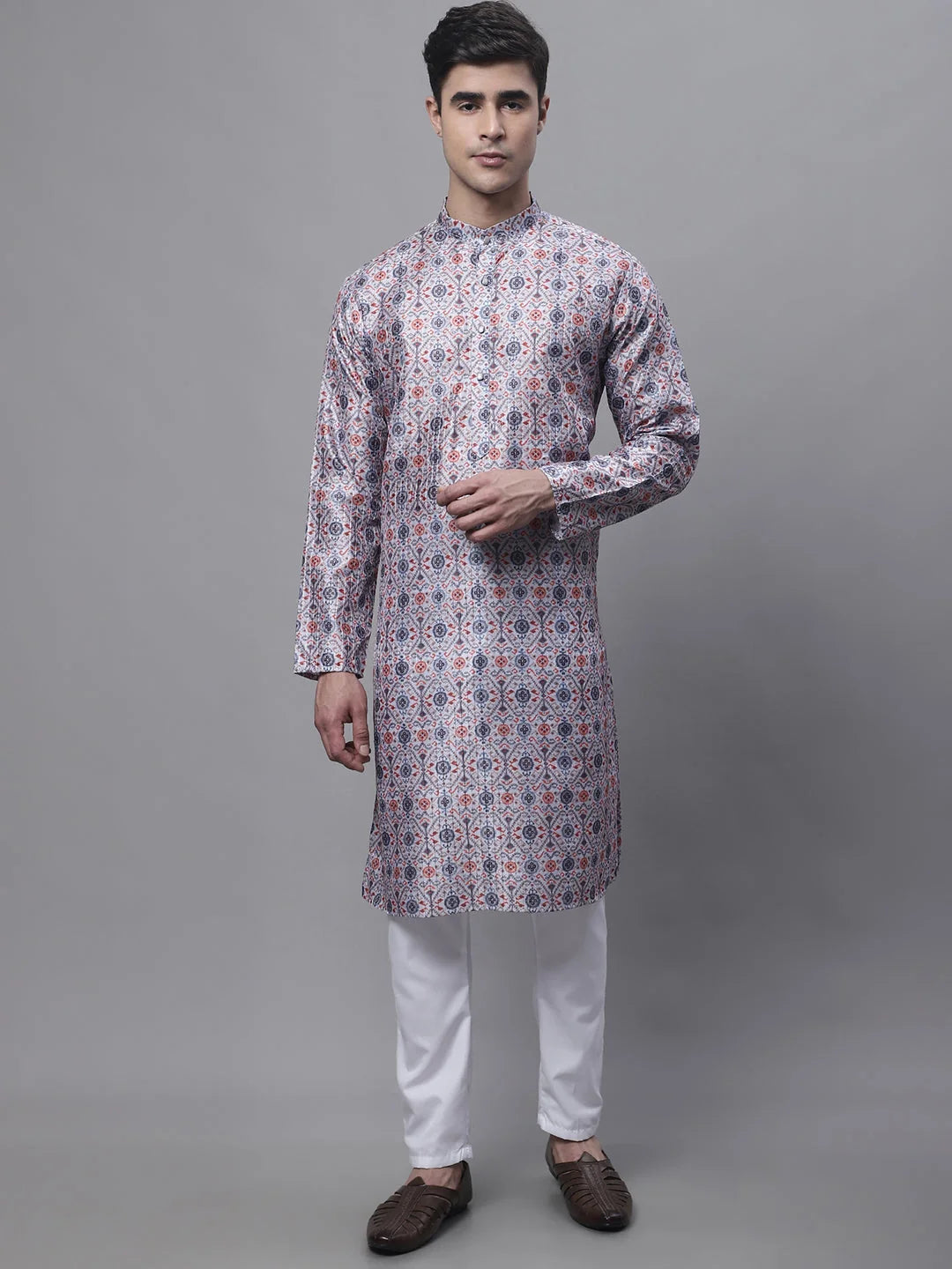Blue Mens Kurta Pajama Set - Digital Print Cotton Ethnic Style