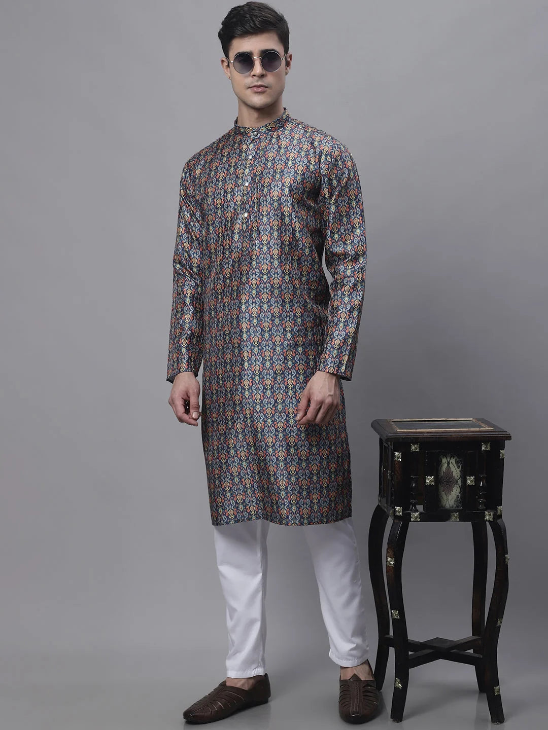Navy Mens Kurta Pajama Set - Digital Printed Cotton | Ethnic Wear