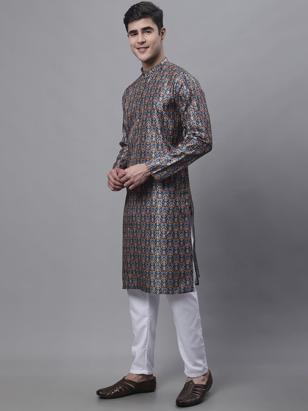 Navy Mens Kurta Pajama Set - Digital Printed Cotton | Ethnic Wear