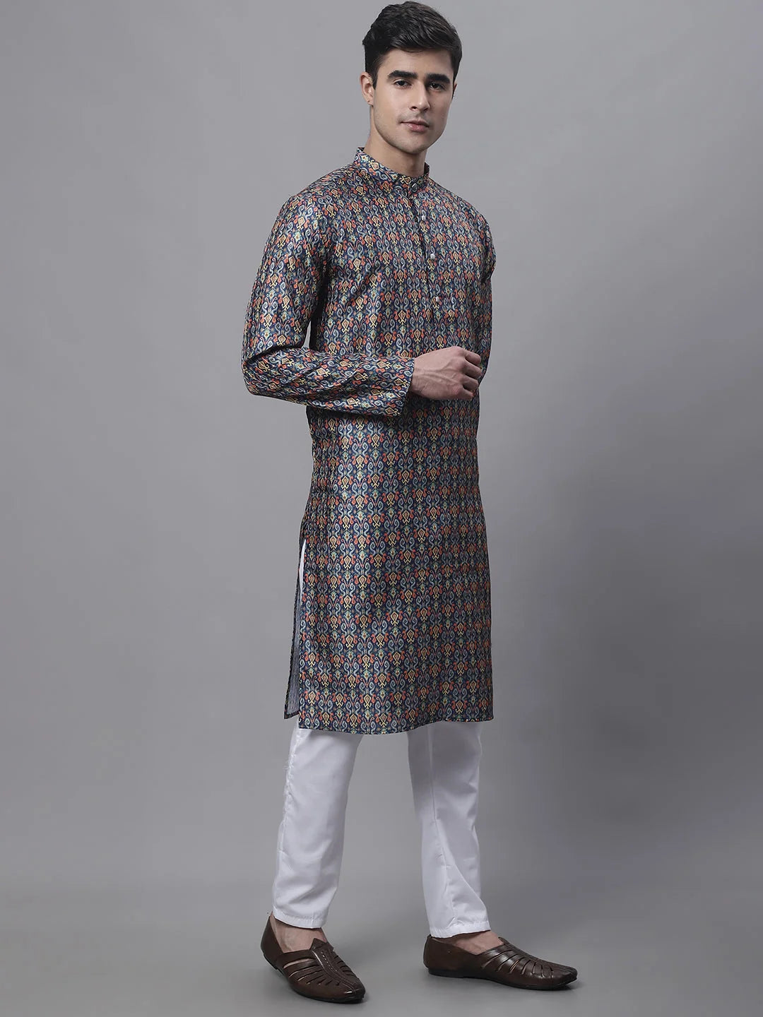 Navy Mens Kurta Pajama Set - Digital Printed Cotton | Ethnic Wear