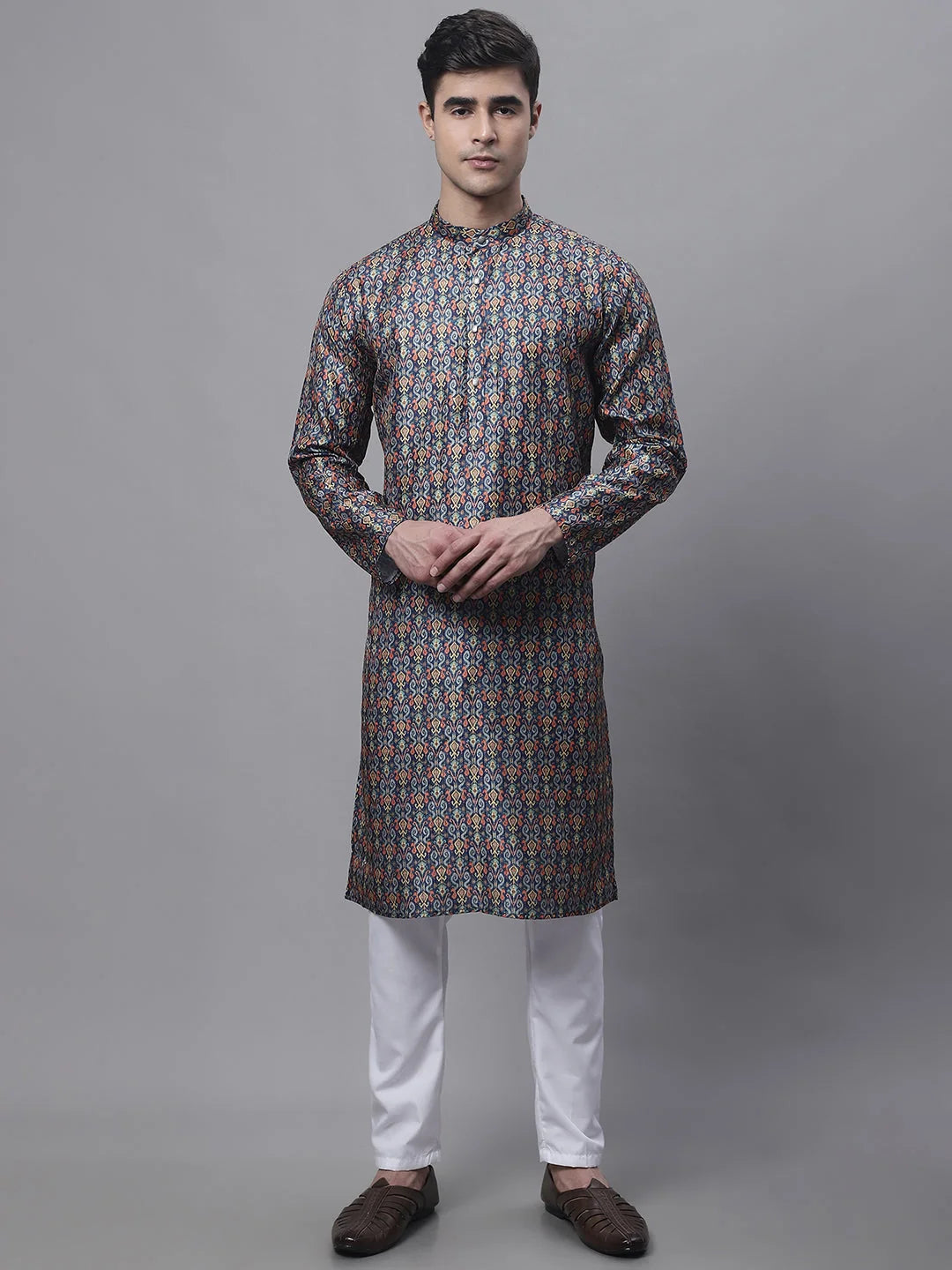 Navy Mens Kurta Pajama Set - Digital Printed Cotton | Ethnic Wear