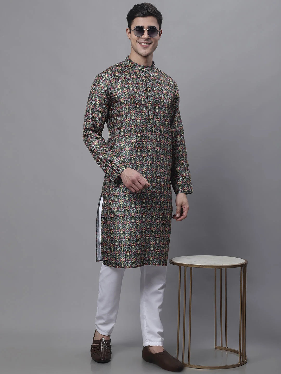 Olive Green Printed Mens Kurta Pajama Set | Ethnic Fashion