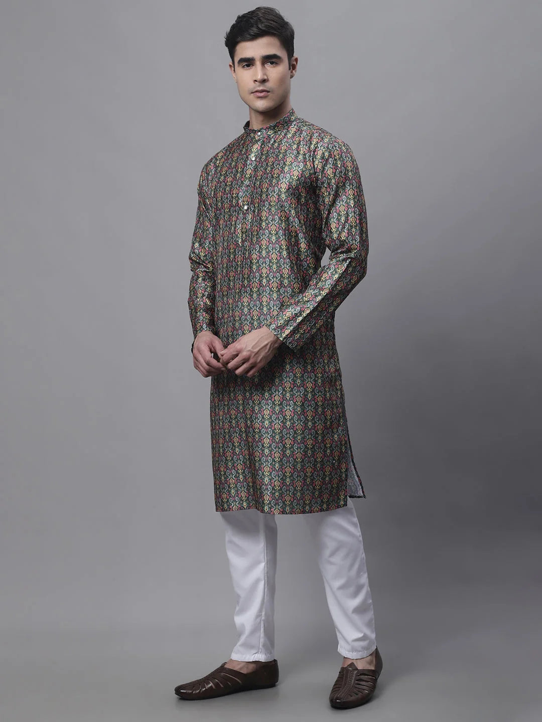 Olive Green Printed Mens Kurta Pajama Set | Ethnic Fashion