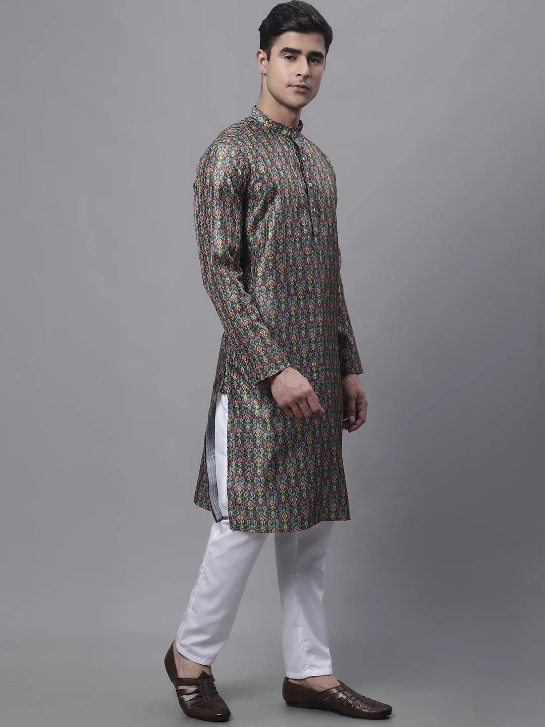 Olive Green Printed Mens Kurta Pajama Set | Ethnic Fashion