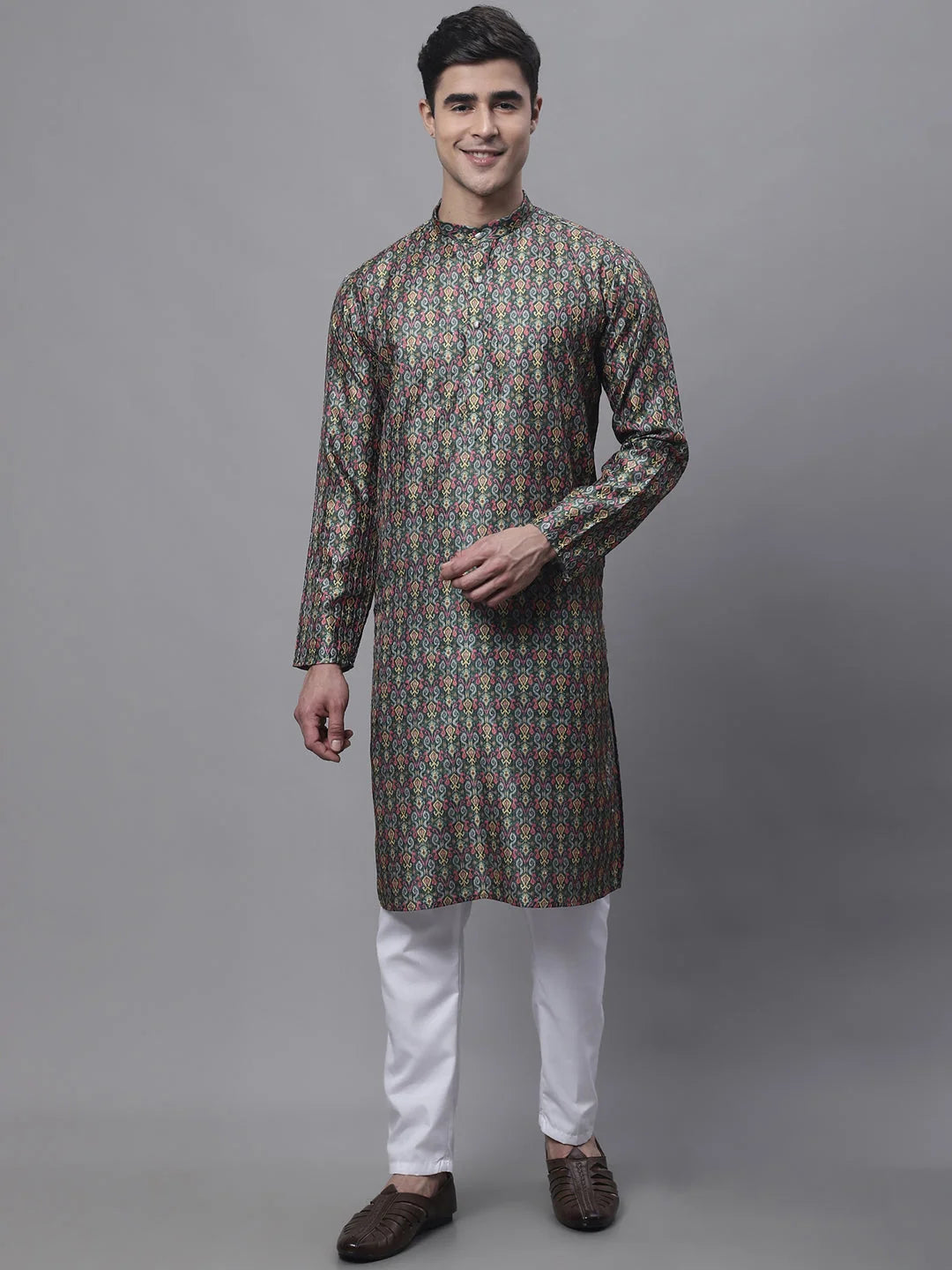 Olive Green Printed Mens Kurta Pajama Set | Ethnic Fashion