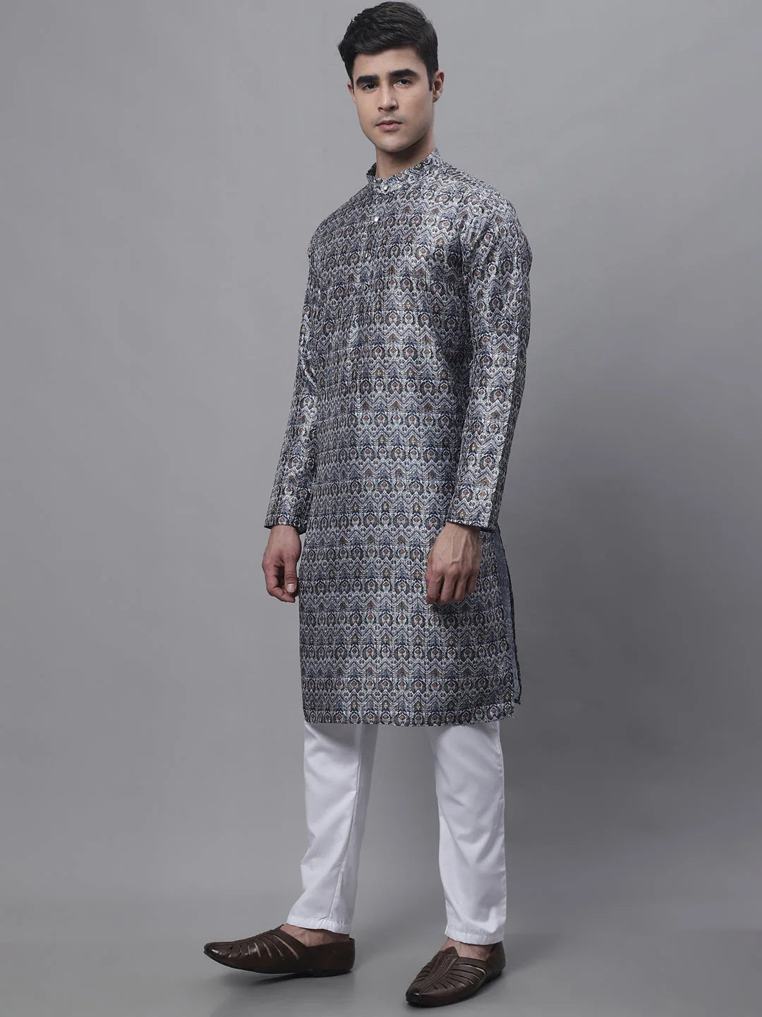 Silver Digital Print Mens Kurta Pajama Set | Ethnic Style