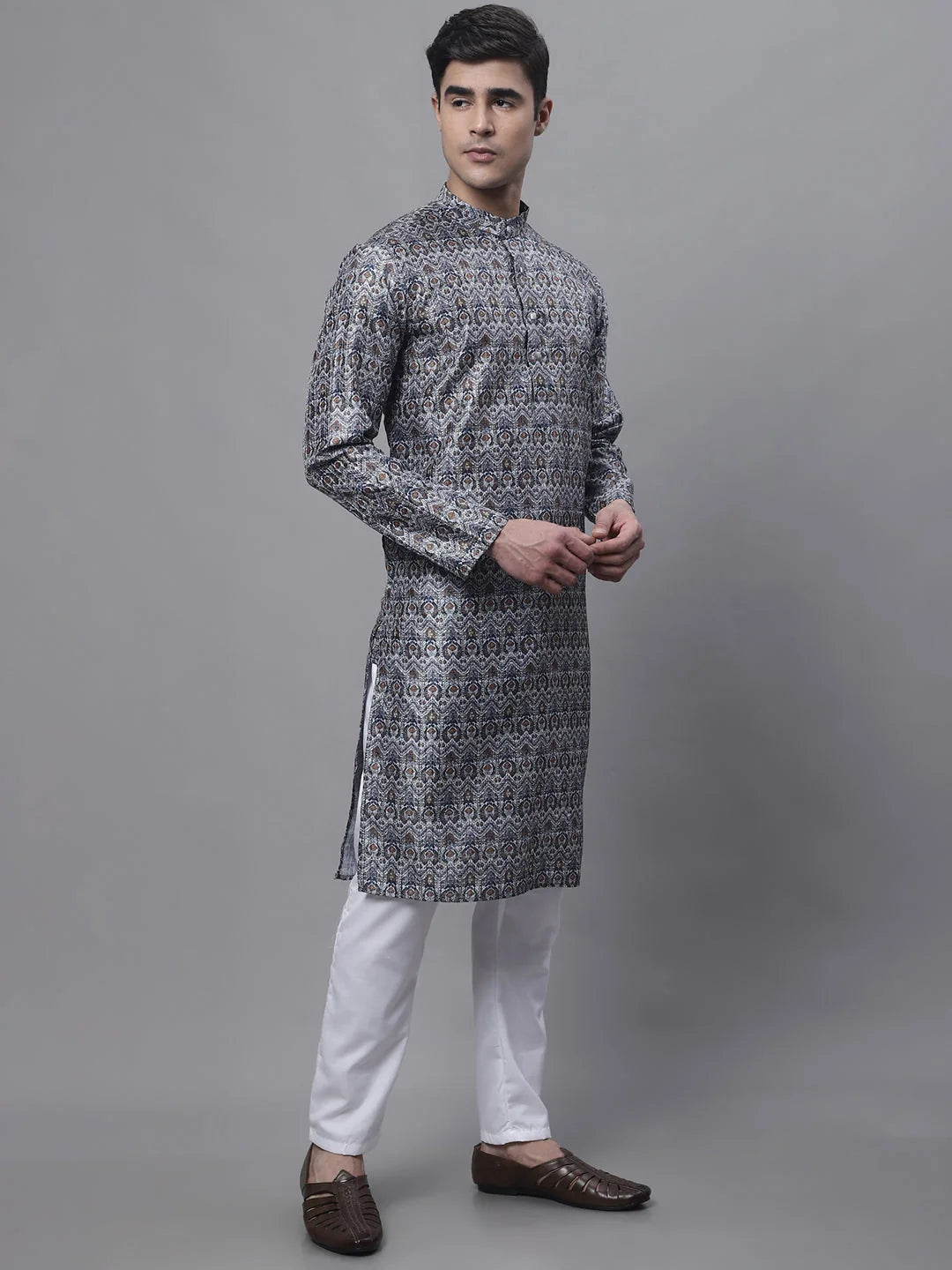 Silver Digital Print Mens Kurta Pajama Set | Ethnic Style